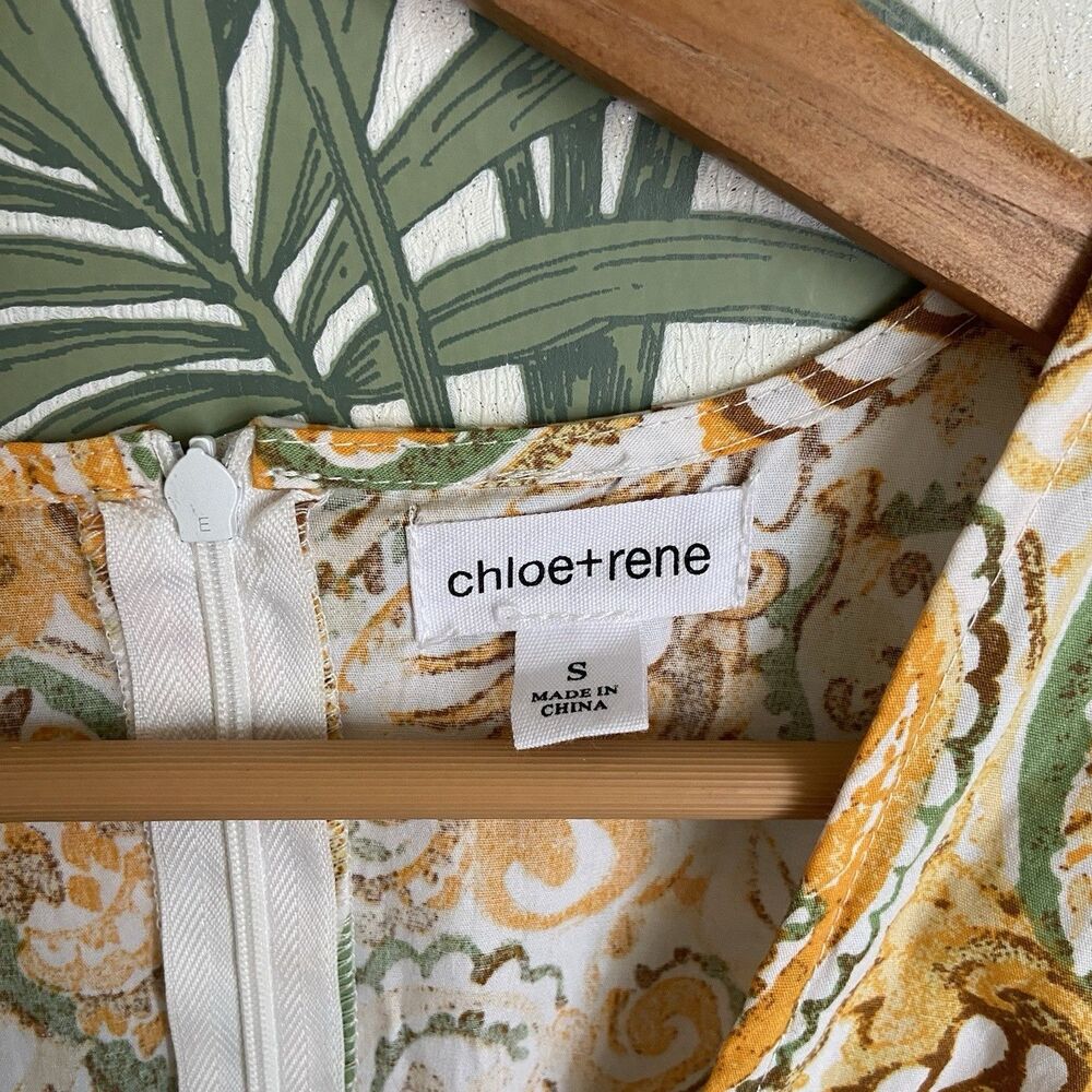 Chloe + Rene Tie V Neck Gold Green Paisley 100% Cotton Maxi Dress Size Small - Picture 5 of 10